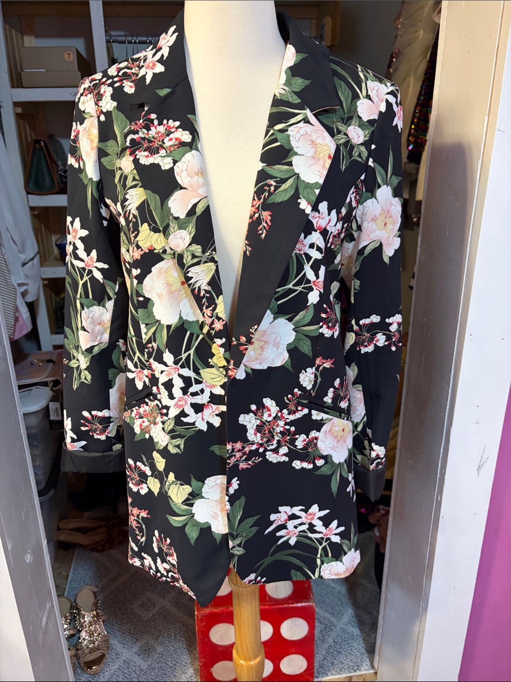 Cynthia Rowley Black Floral Blazer with Pink & Green Blooms